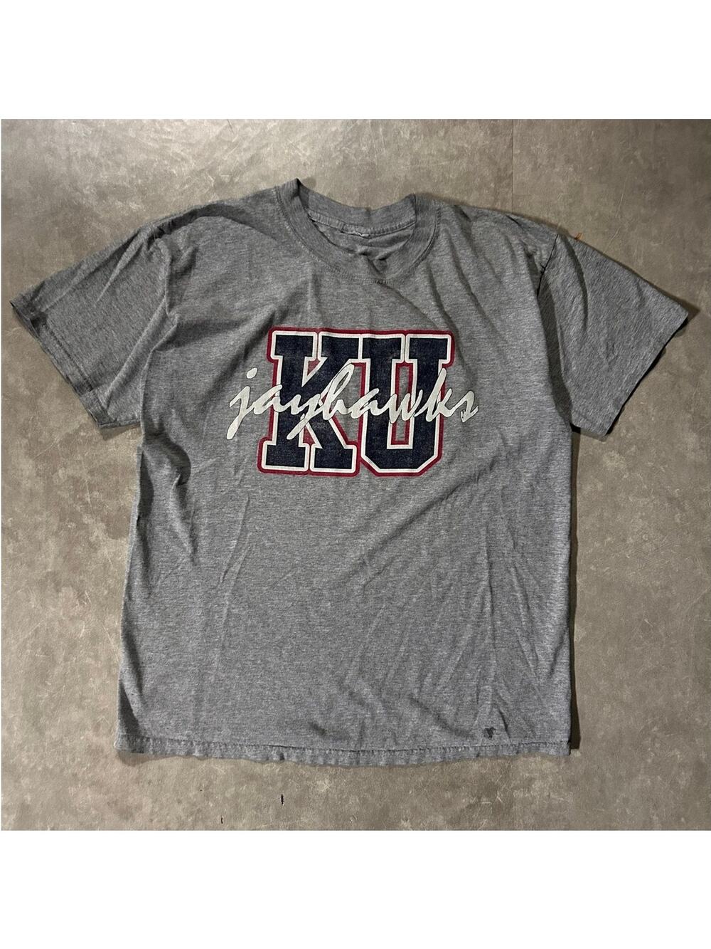 90's Vintage Kansas Jayhawks Block Letters Grey T-Shirt -L
